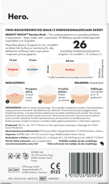 Tył opakowania Hero Mighty Patch Variety Pack, 26 hydrokoloidowych plastrów na wypryski z instrukcją użycia.