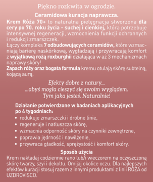 Różowa etykieta informacyjna kremu UZDROVISCO RÓŻA 70+ przeciw zmarszczkom, z opisem składu i działania.