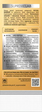 Tył opakowania kremu Supremelab Royal Barrier z opisem składników, działania, użycia i kodem QR.
