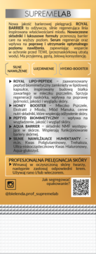 Tył opakowania serum Bielenda SUPREMELAB ROYAL BARRIER, złote tło, biały tekst o składzie i użyciu.
