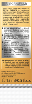 Tył złotego opakowania kremu pod oczy Bielenda Supremelab Royal Barrier. Widoczne składniki aktywne i instrukcja użycia.