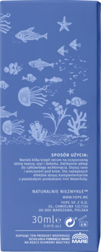 Tył niebieskiego opakowania serum Waterfully 30ml z białymi ilustracjami morskimi i polskim opisem użycia.