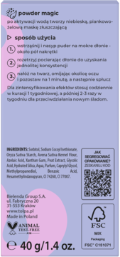 Tył opakowania Bielenda powder magic. Maska złuszczająca na potrądzikowe ślady, z kwasem glikolowym.