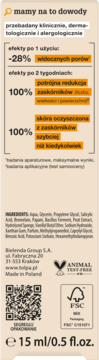 Tył opakowania serum Tołpa na zaskórniki, z listą składników, wynikami badań klinicznych i objętością 15 ml.
