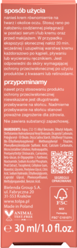 Tył koralowego opakowania kremu Bielenda SPF 50. Instrukcja użycia, skład i ostrzeżenia. 30 ml.