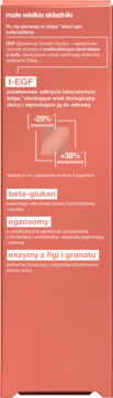 Opakowanie esencji Tolpa, bok: lista składników aktywnych t-EGF (redukcja zmarszczek), beta-glukan, egzosomy, enzymy.