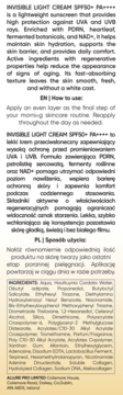 Tył opakowania Invisible Light Cream SPF50+ z opisem działania, instrukcją użycia i listą składników.