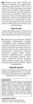 Tył etykiety wielofunkcyjnego serum w sprayu z opisem produktu po angielsku i polsku oraz składnikami.