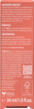 Tył opakowania energetyzującego serum Tolpa 30ml, z widoczną instrukcją użycia i pełną listą składników.