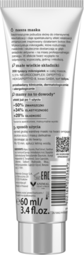 Tył srebrnej tubki maski do twarzy 60ml z Neurocomplex Dipeptide i mikroigiełkami. Polskie opisy, składniki.