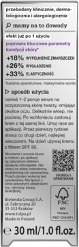 Tył serum Tolpa 30ml, z obietnicą wypełnienia zmarszczek, wygładzenia i elastyczności. Sposób użycia.