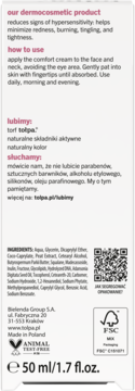 Tył opakowania dermokosmetyku Tołpa, białe tło, opis użycia i składników, certyfikaty FSC i Animal Test-Free.
