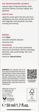 Tył opakowania dermokosmetycznego kremu-żelu Tolpa 50ml dla skóry wrażliwej, z instrukcją i składnikami.