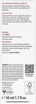 Tył opakowania dermokosmetycznej ampułki 50ml z informacjami o użyciu, składzie, logo FSC, Animal Test-Free.