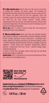 Tył różowego opakowania mlecznej ampułki-serum, z instrukcją użycia, QR kodem i informacją o objętości 30ml.