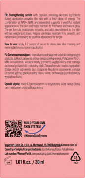 Tył różowego opakowania serum wzmacniającego 30 ml, z opisem działania, składników NAD+, NMN i kodem QR.
