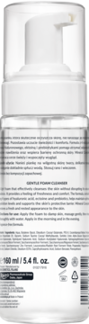 Tył butelki z Gentle Foam Cleanser, 160 ml, z białym dozownikiem, widoczne etykiety i skład produktu.