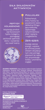 Tył fioletowego kremu ekspresowego lifting z opisem peptydów, pullulanu i żeń-szenia, lista składników.