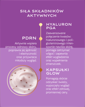 Infografika składników kremu INTENSYWNIE WYPEŁNIAJĄCEGO: PDRN, HYALURON PGA, Kapsułki GLOW. Fioletowe tło z powiększeniem kremu.