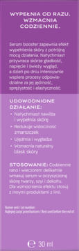 Fioletowa etykieta serum booster WYPEŁNIENIA 30 ml, biały tekst o wypełnianiu, nawilżaniu i wygładzaniu skóry.