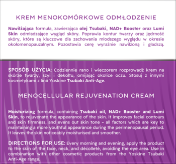 Tył purpurowo-białej etykiety kremu odmładzającego Tsubaki NAD+ dla skóry 55+. Widoczne opisy PL/EN.