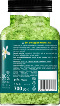 Tył butelki zielonej soli do kąpieli Matcha & Yuzu 700g, z etykietą pokazującą skład i sposób użycia.