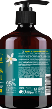 Tył brązowej butelki mydła w płynie Green Pharmacy Matcha & Yuzu, czarna pompka, zielona etykieta z kwiatem i składem, 460 ml.