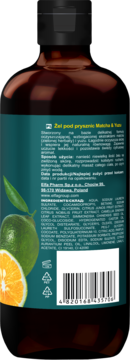 Tył brązowej butelki żelu Green Pharmacy Matcha & Yuzu z zieloną etykietą, cytrusami i składem.