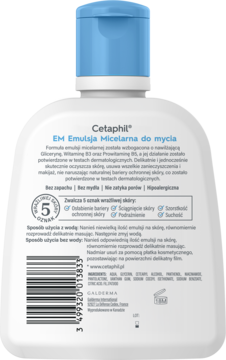 Tył białej butelki Cetaphil Emulsja Micelarna do Mycia. Widoczny skład dla skóry wrażliwej, kod kreskowy i niebieska nakrętka.