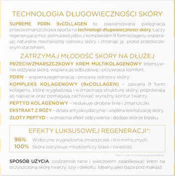 Biała ulotka kremu Supreme Collagen: opis działania przeciwzmarszczkowego i składników na szarym tle.