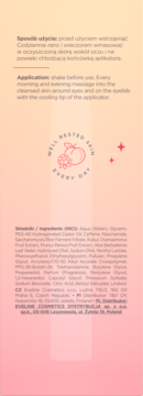 Tył opakowania rozświetlająco-nawilżającego kremu pod oczy Eveline, instrukcje, składniki, grafika brzoskwini.