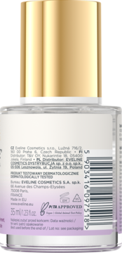 Tył butelki regenerującego serum Eveline Cosmetics 35ml. Widoczna etykieta z danymi, kod kreskowy i złota zakrętka.