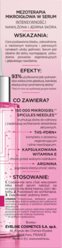 Eveline serum mezoterapia mikroigłowa, różowo-biała etykieta z polskim opisem składników i efektów.