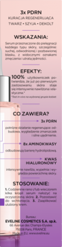 Opis serum Eveline 3xPDRN, Hialuron 4D Super Lifting: działanie, skład, użycie. Tekst na fioletowym tle.