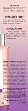 Etykieta różowego serum 3x PDRN do regeneracji twarzy, szyi, dekoltu, z widoczną sekcją 'APPLICATION'.