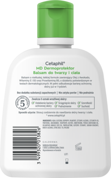 Cetaphil MD Dermoprotektor Balsam do twarzy i ciała, tył białej butelki z zieloną nakrętką, dla skóry wrażliwej, widoczne składniki.
