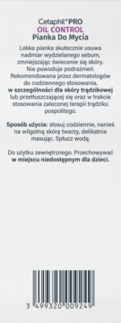 Tył opakowania Cetaphil PRO OIL CONTROL Pianka Do Mycia, biały, z instrukcjami w języku polskim i kodem kreskowym.