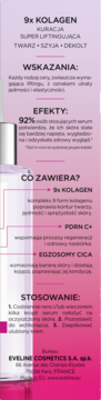 9x KOLAGEN serum liftingujące Eveline. Boczne, różowe opakowanie z polskim tekstem o regeneracji i kolagenie.