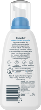 Cetaphil Lekka Pianka Do Mycia, tył białej butelki z niebieskim aplikatorem, polski opis i kod kreskowy.