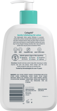Tył opakowania Cetaphil Gentle Exfoliating SA Lotion, biała butelka z niebieską pompką, widoczne składniki.