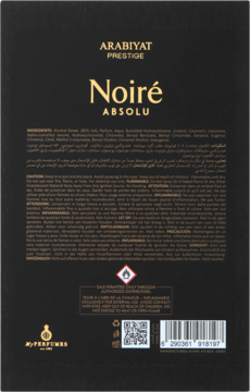 Tył czarnej butelki wody perfumowanej Arabiyat Prestige Noire Absolu 100 ml, z etykietą ze składem.
