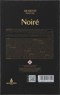 Tył czarnego opakowania Arabiyat Prestige Noire woda perfumowana 100 ml z białym tekstem i kodem QR.