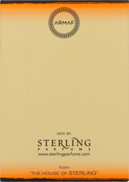 Beżowa karta marki Armaf Odyssey Mandarin Sky z logo Armaf i danymi Sterling Parfums, pomarańczowe obramowanie.