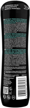 Tył czarnego opakowania żelu intymnego i do masażu SKYN Silky Touch z etykietami i kodem kreskowym.