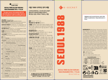 K-SECRET Seoul 1988 Niacinamide Serum na przebarwienia. Rozłożone beżowe opakowanie z tekstem PL/KR.