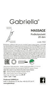 Białe opakowanie Gabriella MASSAGE Podkolanówki 20 den, widok z przodu, diagram nogi i tekst.