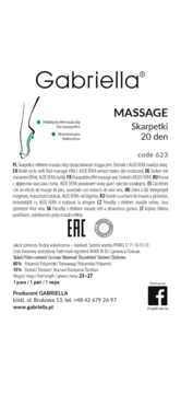 Tył opakowania skarpetek Gabriella Massage 20 den z efektem aloesu, składem i danymi producenta.