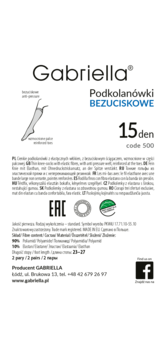 Białe opakowanie Gabriella Podkolanówki Bezuciskowe 15 den, z ilustracją nogi i tekstem 'anti-pressure'.