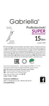 Opakowanie Gabriella Podkolanówki SUPER BEZUCISKOWE 15 den. Biała etykieta z diagramem nogi w skarpetce.