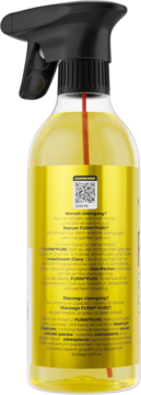 Tył sprayu Furni*Pure 500 ml, płyn do mebli. Żółta butelka, czarna dysza, etykieta z QR kodem, czerwona rurka.